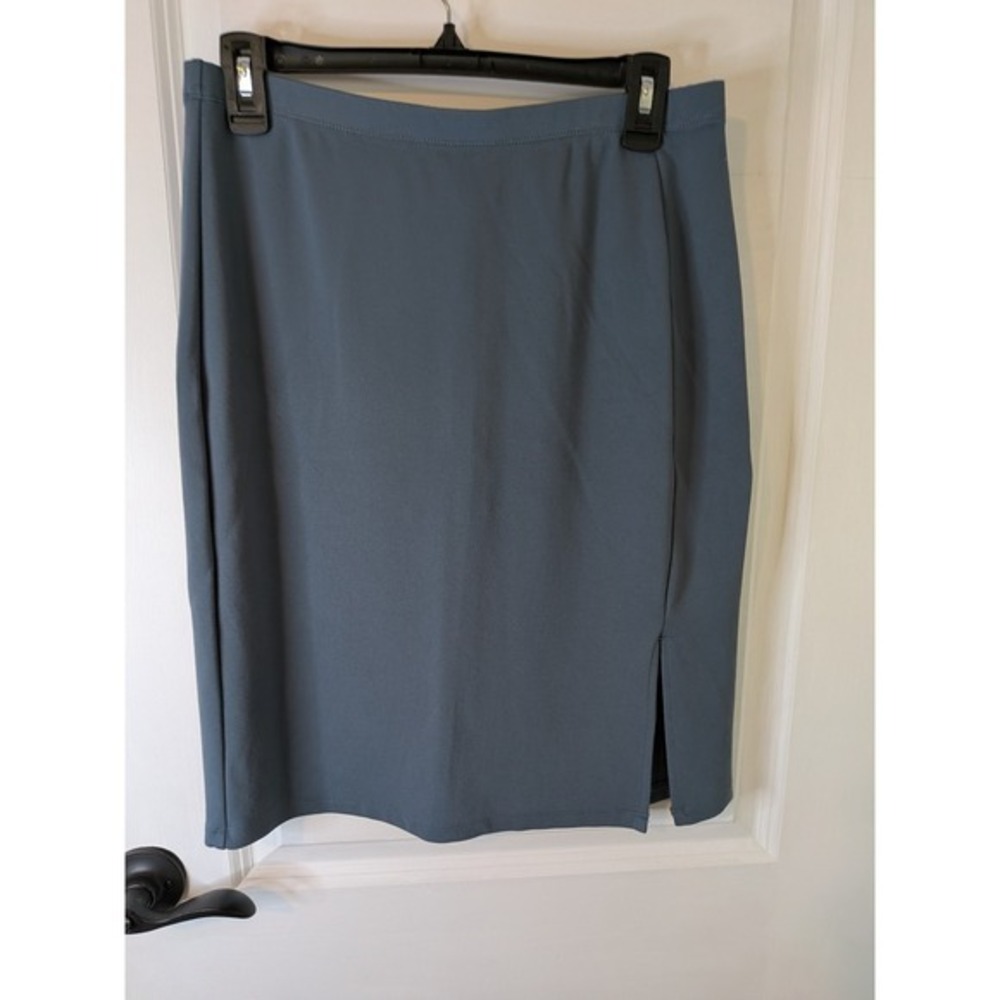 Tahari Slate Blue Modal Blend Stretch Pencil Midi‎ Skirt Side Slit Womens Large